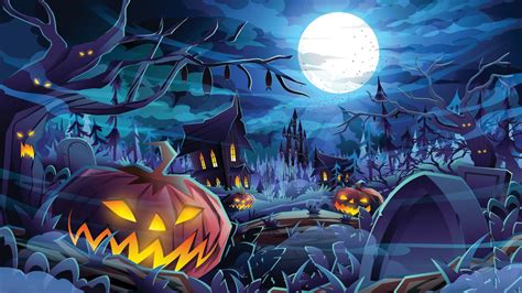 Pumpkins Face Horror Houses White Moon Blue Sky Background Hd Cute