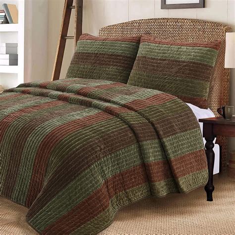 【60％off】 Set Bedding Quilt Reversible Striped Bold Green Sage Brown