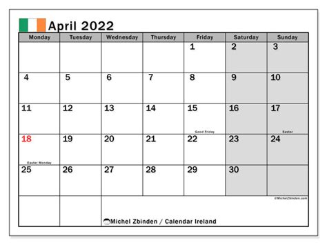 Printable April 2022 “ireland” Calendar Michel Zbinden En