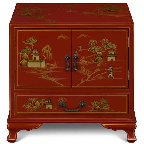 red night stand with scenery chinoiserie