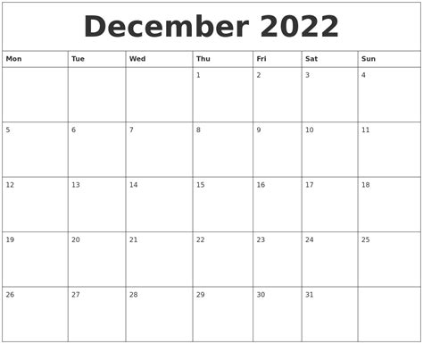 December 2022 Printable Calendar Free