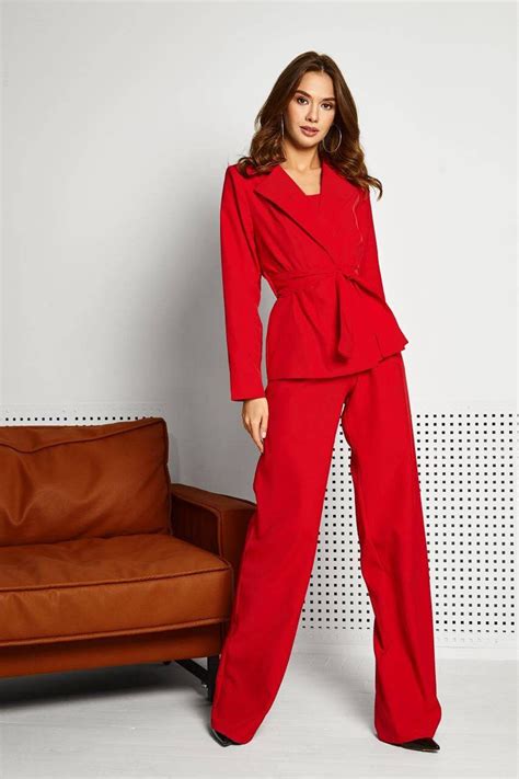 Red Womens Suit Office Women 3 Piece Suit With Wide Leg High Etsy