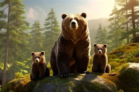 premium ai image a brown bear with her cubs in a foggy morning forest ai generated