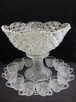 Huge vintage glass punch bowl set w/ glass ladle heisey colonial panel pattern glass. Vintage Large Cut Glass Punch Bowl Set (Bowl, Stand, 12 ...