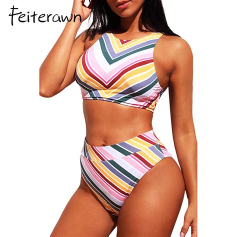 Feiterawn Bikinis 2018 Mujer Sexy Striped Tank Top Maillot De Bain Femme High Waist Biquinis