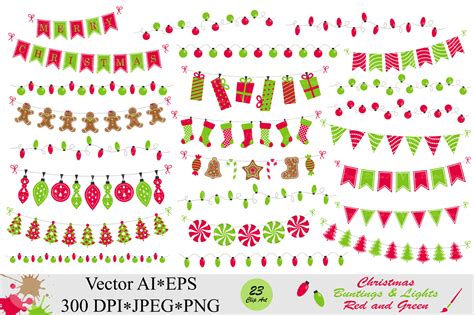 Christmas Red And Green Bunting Banners And String Lights Clipart