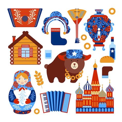 Free Vector Russia Travel Set With Vintage National Elements Icons