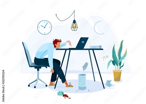 Burnout Concept Vector Background Tired Male Office Worker Sitting On