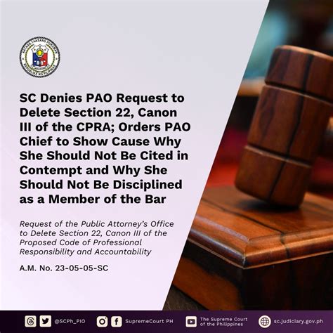 Sc Denies Pao Request To Delete Section 22 Canon Iii Of The Cpra Orders Pao Chief To Show