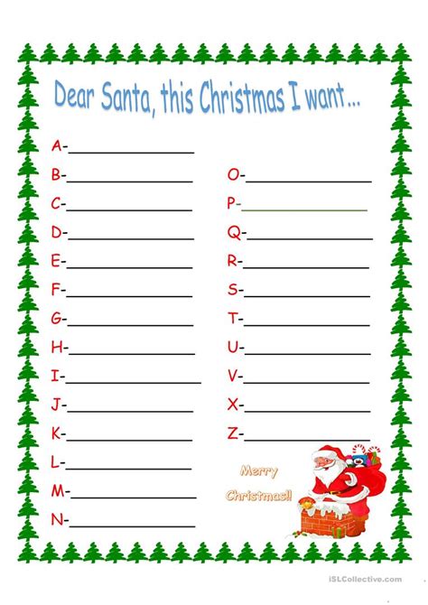 To get the printable santa's nice list certificates offered on this site, you'll need to upgrade to the premium north pole letter packages. Wish list to Santa Claus worksheet - Free ESL printable ...