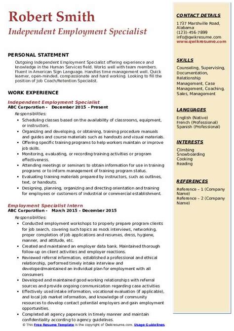 employment specialist resume samples qwikresume