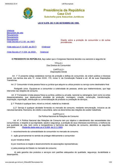 Cdc Planalto Presidência Da República Casa Civil Subchefia Para Assuntos Jurídicos Lei Nº 8