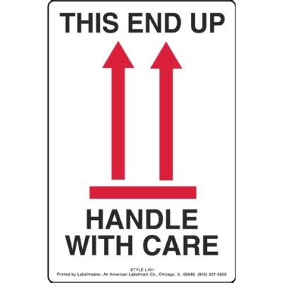 Ideal for warehouse and production. This End Up Handle with Care Label with Arrows, Fragile Labels