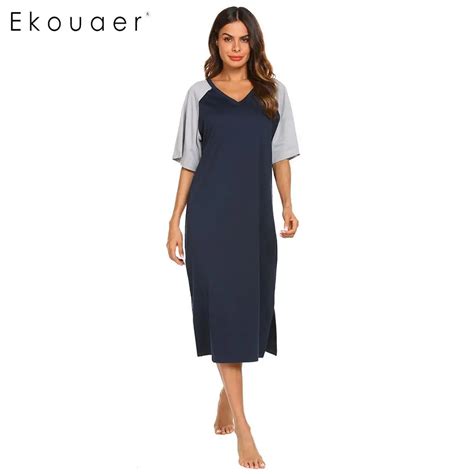 Ekouaer Nightgown Women Sleepwear Chemise Night Dress Casual O Neck Short Sleeve Patchwork Sleep