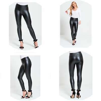 Woman High Waist Black Faux Leather Leggings Wet Look Shiny Stretchy