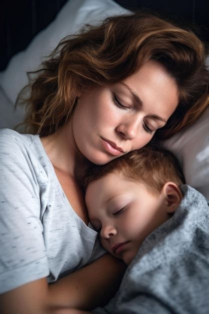 Disparo De Una Madre Amorosa Abrazando A Su Hijo Mientras Duerme Creado