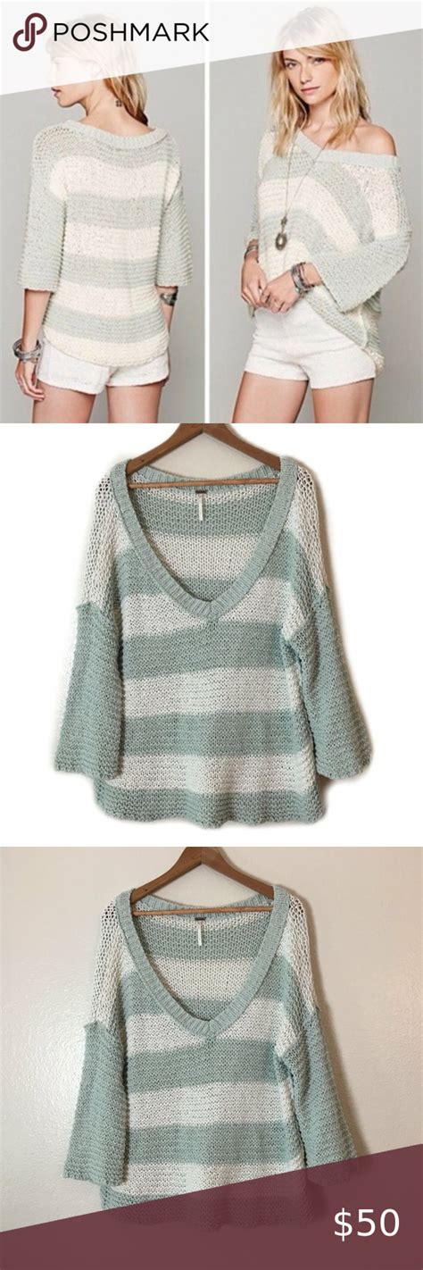 Free People Park Slope Mint Striped Chunky V Neck Sheer Sweater Cream Knit Sweater Sweater