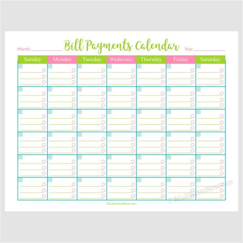 Printable Bill Payments Calendar A Cultivated Nest