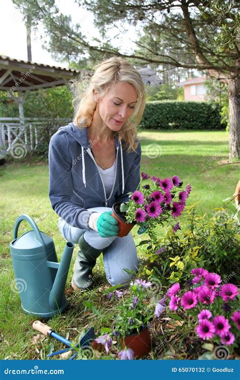 Blond Middle Aged Woman Gardening Stock Photo Image Of Woman Water