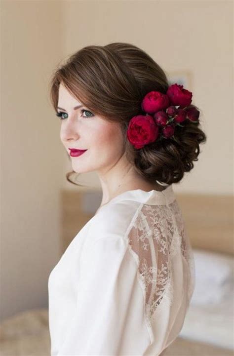 Red Flower Hairpiece Low Updo Wedding Hairstyle 2638530 Weddbook