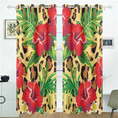 Popcreation Tropical Flowers With Palm Leaves Leopard Background Window