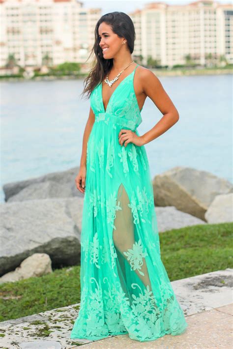 Turquoise Floral Tulle Maxi Dress With Criss Cross Back Maxi Dresses