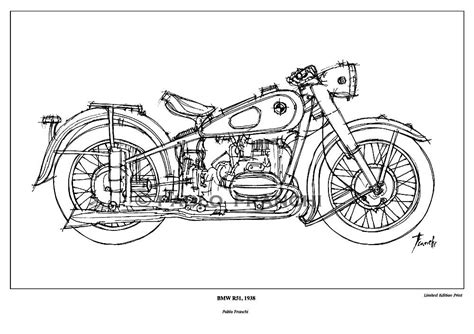 Motorcycle Sketch Bmw R51 1938 Original Ink Drawing