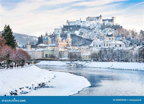 Salzburg Skyline With Festung Hohensalzburg And River Salzach In Winter