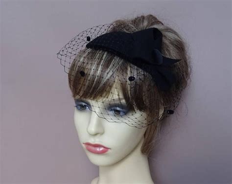 Black Pillbox Fascinator Wool Felt Teardrop Small Hat With Veil 1940s
