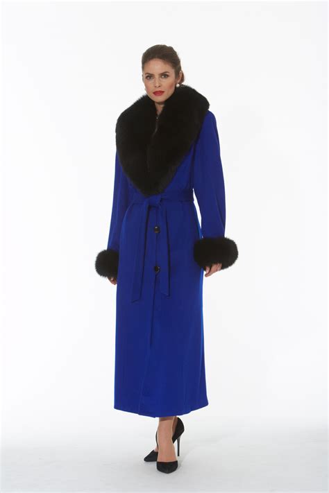 Royal Blue Cashmere Coat Black Fox Trim Madison Avenue Mall Furs