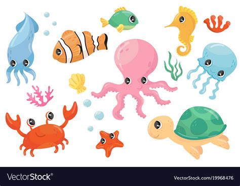 Colorful Set Various Sea Creatures Cartoon Vector Image