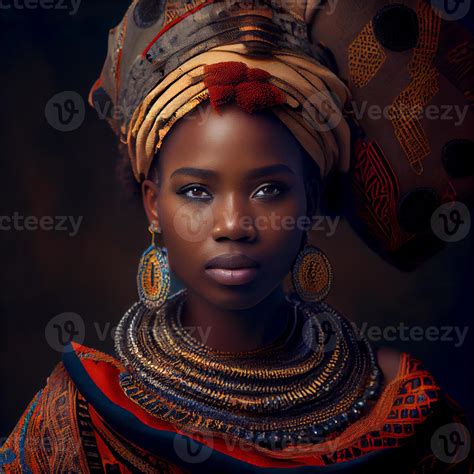 Portrait Realistic Graphics Of An African Woman With Strong Facial Features In National Clothes