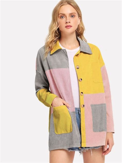 Color Block Corduroy Coat Sheinsheinside Fall Fashion Coats