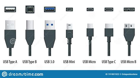 Flat Black Usb Types Port Plug In Cables Set With Realistic Connectors