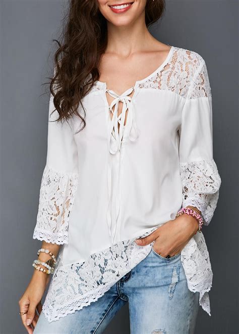 white asymmetric hem lace panel blouse usd 15 61 lace splicing trendy tops