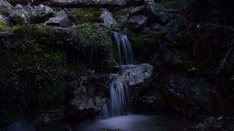 Waterfall Stream Stones Rocks Green Leaves Dark Background 4k Hd Nature