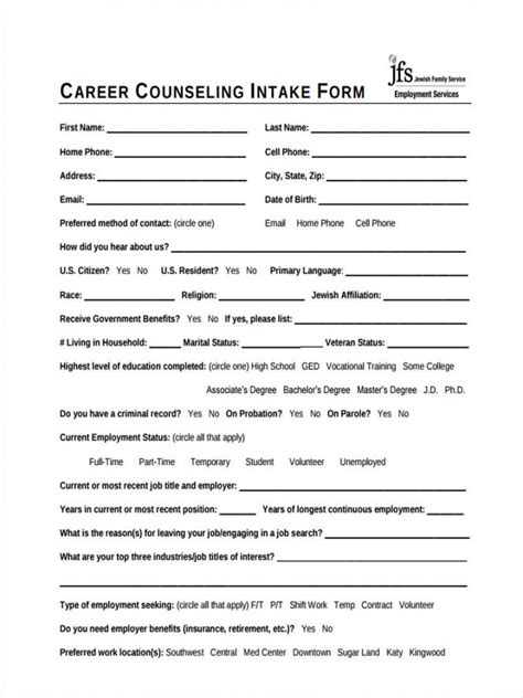 Printable Free 9 Counseling Intake Forms In Pdf Ms Word Counseling Client Intake Form Template