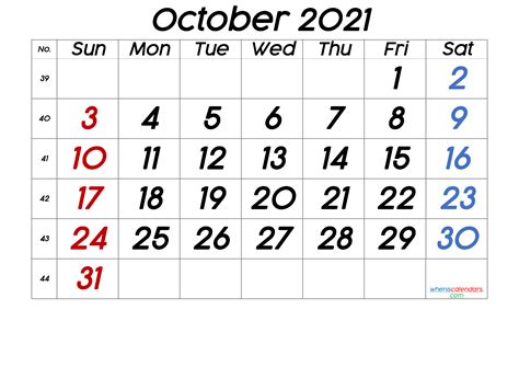October 2021 Printable Calendar With Week Numbers Free Premium