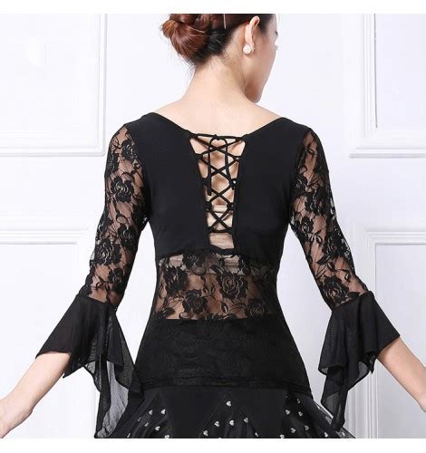 Black Lace Long Sleeves Patchwork Latin Dance Top Dance Costumes Salsa Dancing Dress For Women