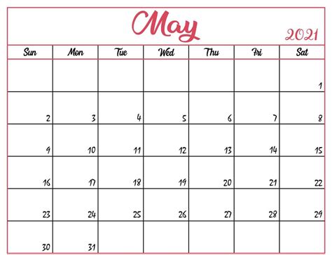 Free Print Blank Calendar For May 2021 Fillable Editable Template