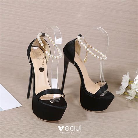 Sexy Noire Cocktail Sandales Femme 2022 Perle Bride Cheville 16 Cm Talons Aiguilles Peep Toes