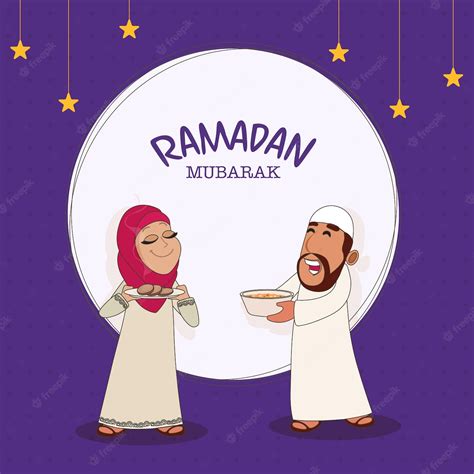 Premium Vector Cartoon Muslim Man And Woman Holding Delicious Food On