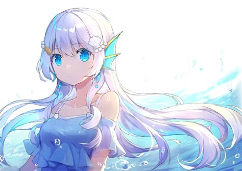 Download 4093x2894 Mermaid Anime Girl White Hair Aqua Eyes Cute