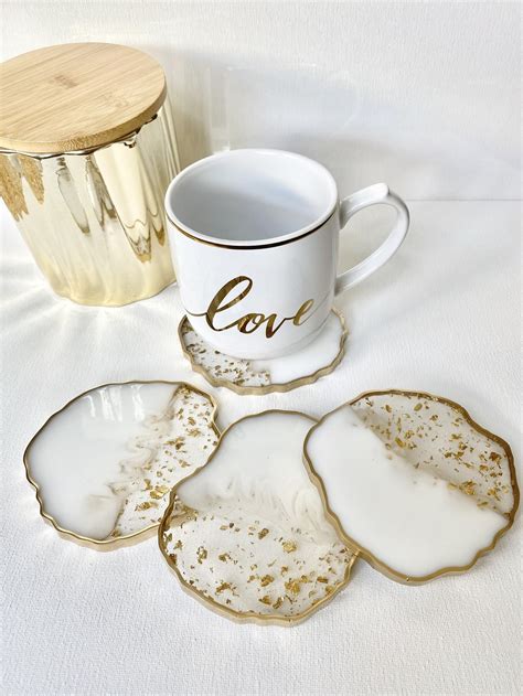 Resin Coaster Set White And Gold Flake Resin Marble Geode Etsy Canada