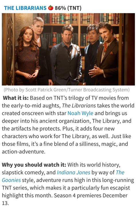 Serving up fresh and rotten reviews for movies and tv. Rotten Tomato review of The Librarians | Librarian, Noah ...
