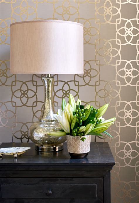Transitional Master Bedroom with Wallpaper Accent wall and European