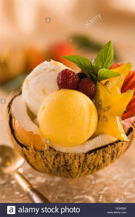 Welcome summer with some delicious mexican desserts: Hawaii Regional Cuisine, fine dining dessert, ice cream, sorbet, fresh fruit served in a coconut ...
