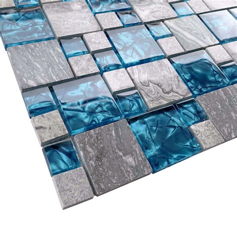 Gray And Teal Backsplash Tile Mixed Marble And Glass Mosaic Wall Tiles