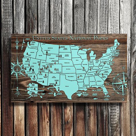 United States National Parks Wooden Map Burnt Laser Carved Wall Art
