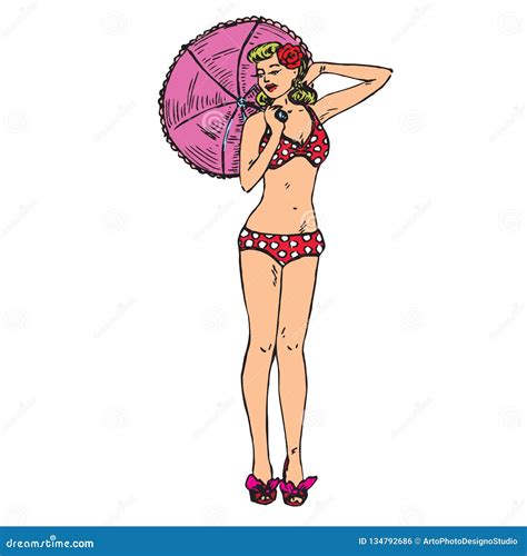 Portrait Of Retro Pin Up Girl In Polka Dot Bikini Posing With Umbrella Hand Drawn Outline